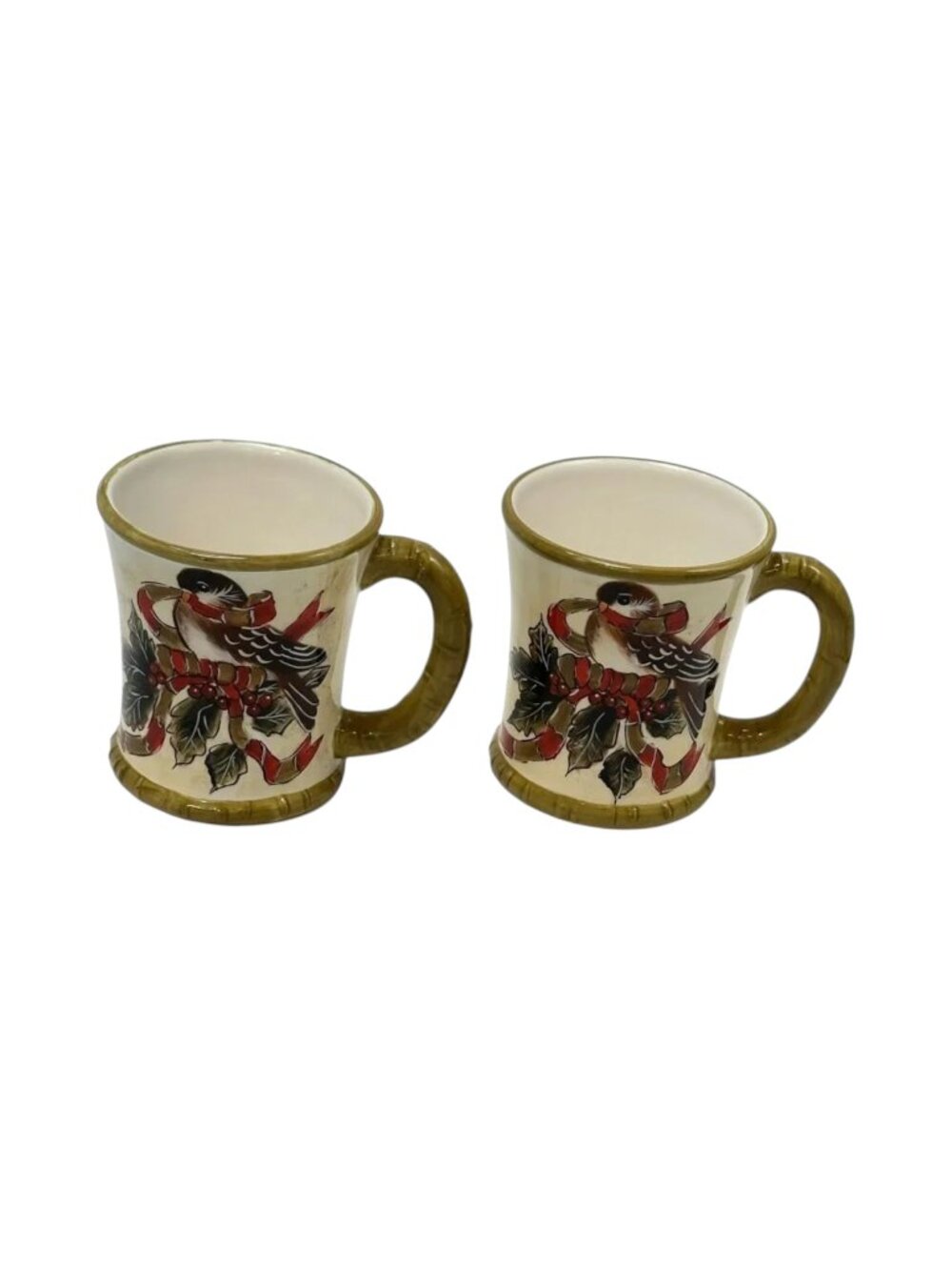 Samaco Mugs Lot 2 Sparrow‎ Birds Holly Avocado 70s Ceramic UPC Labels On